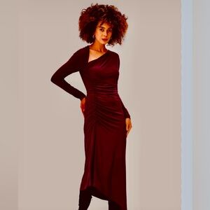 The Drop NWT Asymmetrical One Shoulder Cut-Out Rushed Jersey Rhubard MaxiDress L